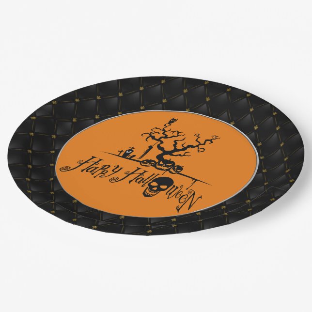Assiettes En Carton Black Boarder Happy Halloween Grave Yard (Angle)