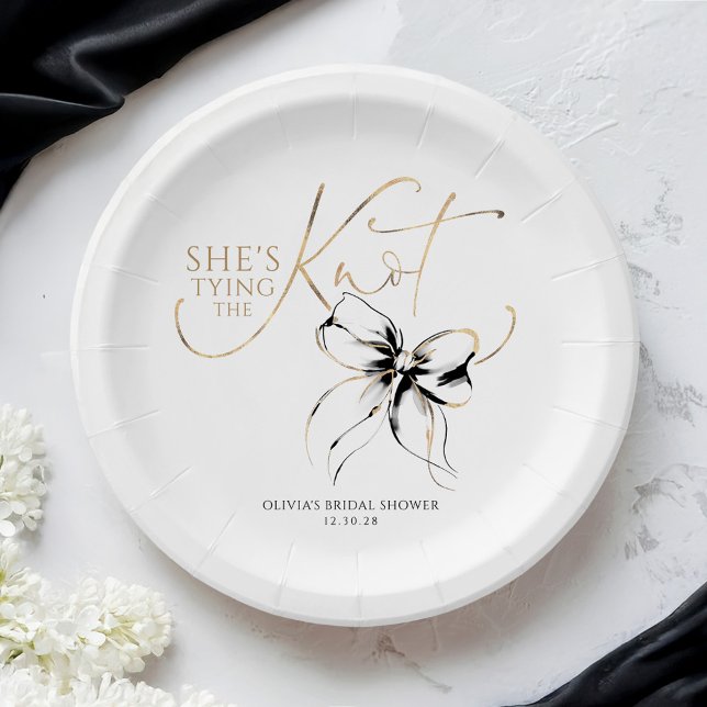 Assiettes En Carton Black Bow Elle Se Marie Shower Nuptial (She's Tying The Knot Black Bow Paper Plate)