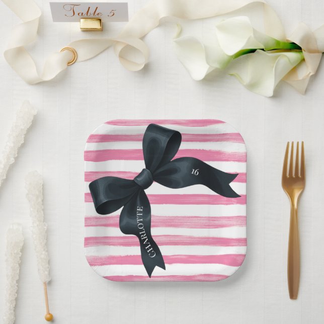 Assiettes En Carton Black Bow with Pink White Stripe Birthday (Mariage)