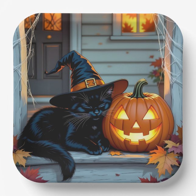 Assiettes En Carton Black Cat Napping on Pumpkin Halloween  (Recto)