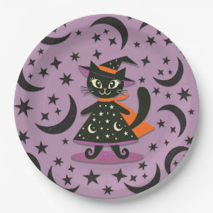 Assiettes En Carton Black Cat sorcière violette Lune Étoiles Halloween