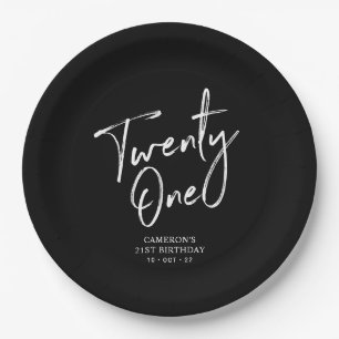 Assiettes En Carton Black Chic Modern Lettering 21e anniversaire