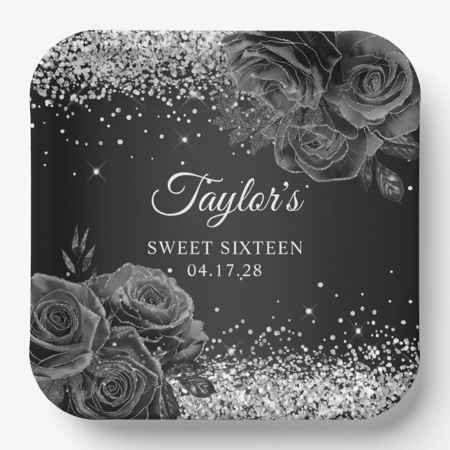 Assiettes En Carton Black Floral Glam Sweet sixteen Parties scintillan (Recto)