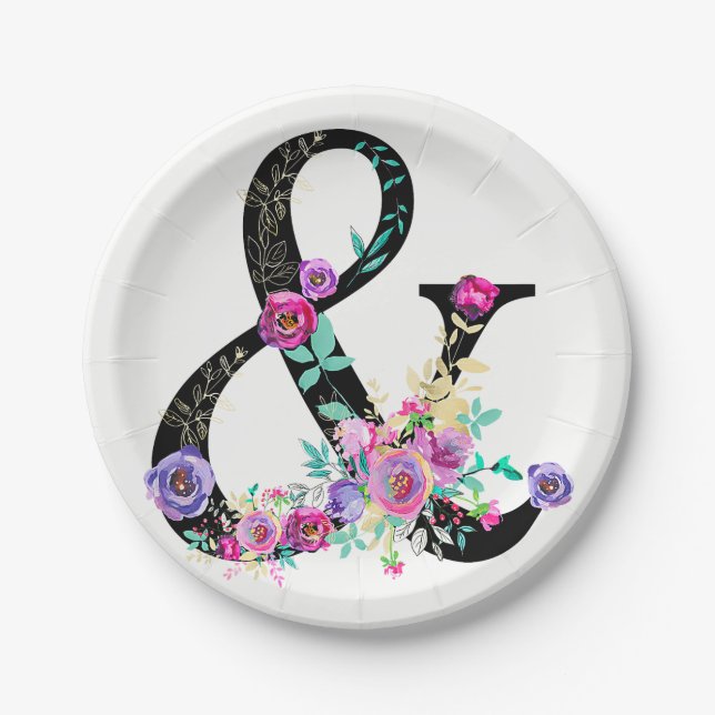 Assiettes En Carton Black Floral Moderne Ampersand Chic Printemps Mari (Devant)