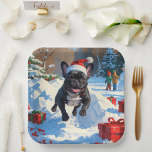 Assiettes En Carton Black French Bulldog Festive de Noël Scène de neig