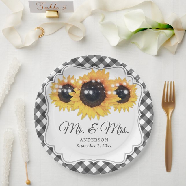 Assiettes En Carton Black Gingham Sunflower Mr and Mrs Wedding (Mariage)