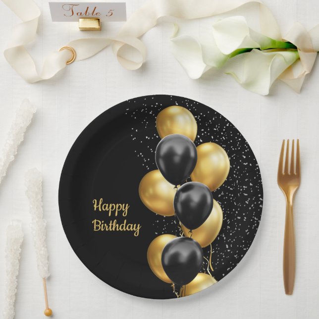 Assiettes En Carton Black Gold Balloon Chic (Mariage)