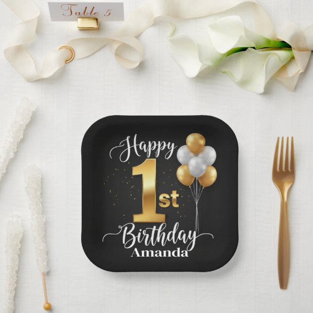 Assiettes En Carton Black Gold Balloons 1st Birthday Paper Plate (Mariage)
