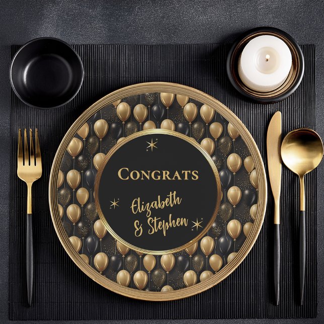 Assiettes En Carton Black | Gold Balloons Félicitations Noms (Elegant Black and Gold Faux Glitter Balloons Pattern A023 "Congrats" [Name(s)] Paper Plates)