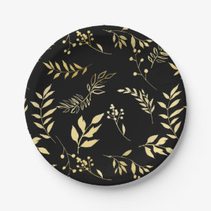 Assiettes En Carton Black & Gold Botanical Glamor Glam Wedding Party