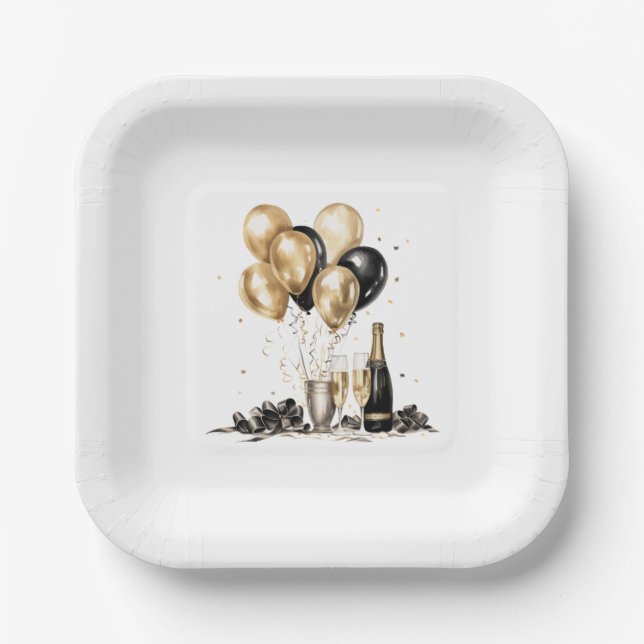 Assiettes En Carton Black Gold Champagne Balloons Party (Recto)
