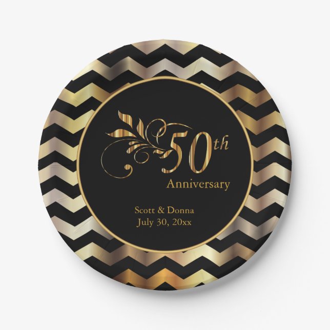Assiettes En Carton Black & Gold Chevron 50e anniversaire de Mariage (Devant)