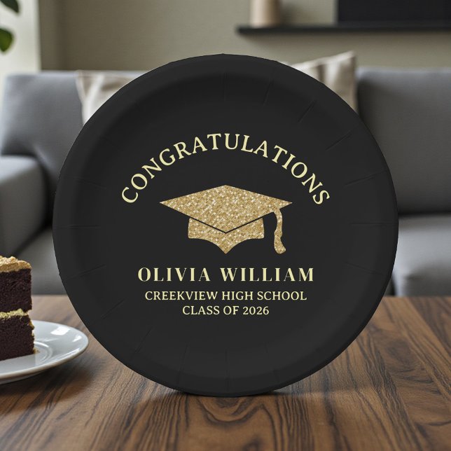 Assiettes En Carton Black & Gold Class Of 2026 Graduation Party (Créateur téléchargé)