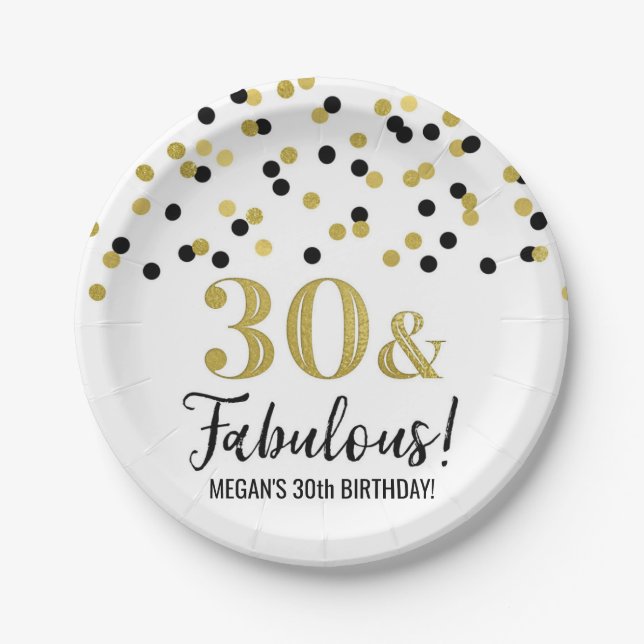 Assiettes En Carton Black Gold Confetti 30 et Fabuleux anniversaire (Devant)