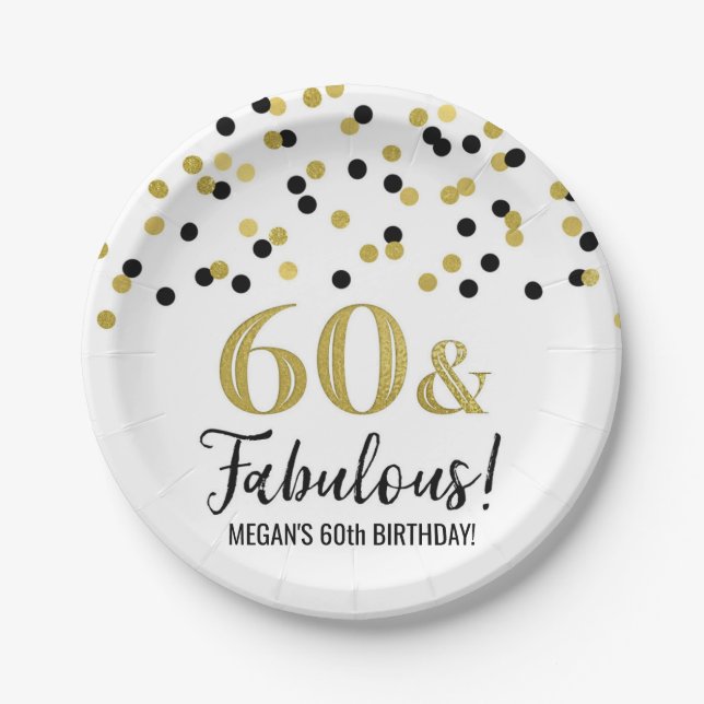 Assiettes En Carton Black Gold Confetti 60 et Fabuleux anniversaire (Devant)