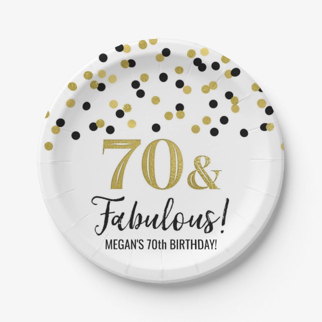 Assiettes En Carton Black Gold Confetti 70 et Fabuleux anniversaire (Devant)