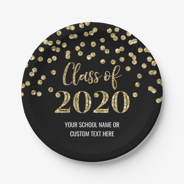 Assiettes En Carton Black Gold Confetti Graduation 2020 (Devant)