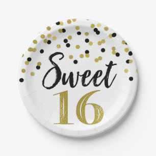 Assiettes En Carton Black Gold Confetti Sweet 16 Anniversaire