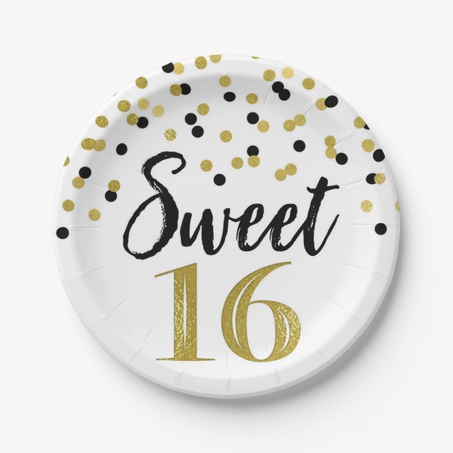 Assiettes En Carton Black Gold Confetti Sweet 16 Anniversaire (Devant)