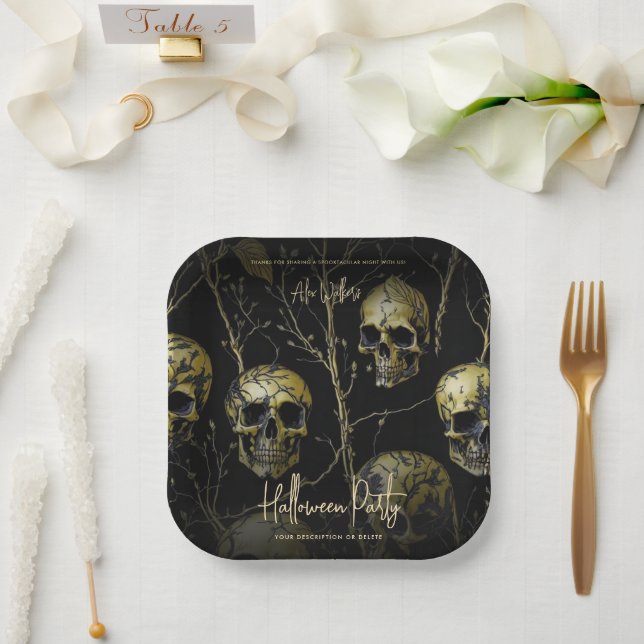 Assiettes En Carton Black Gold Crâne Moderne Adulte Halloween Party (Mariage)