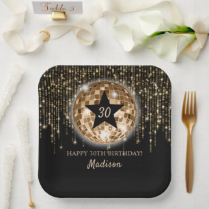 Assiettes En Carton Black Gold Disco Ball Joyeux 30e anniversaire