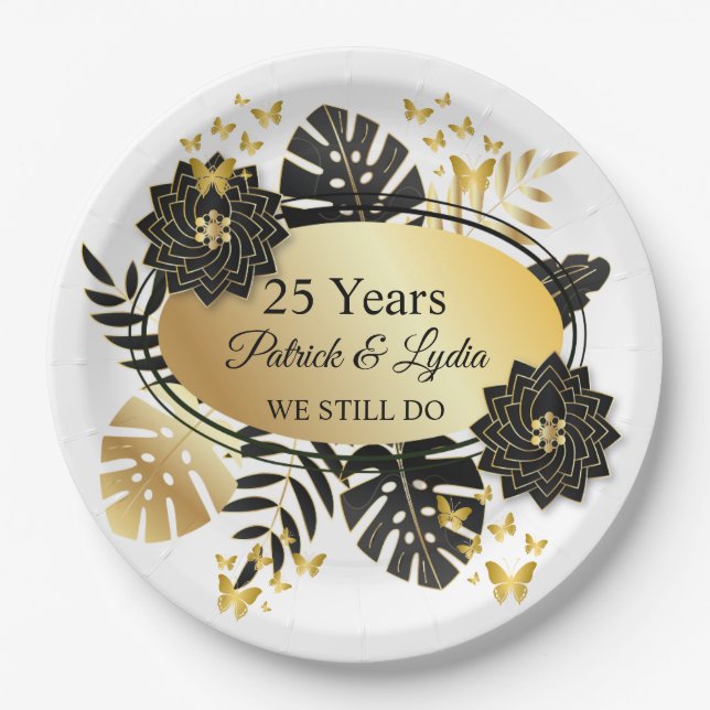 Assiettes En Carton Black & Gold Floral 25e anniversaire - NOUS LE FAI (Devant)
