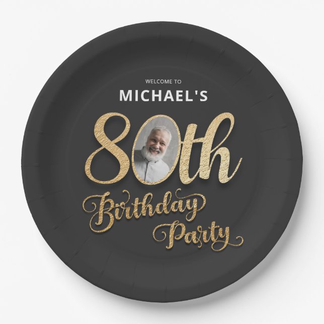Assiettes En Carton Black Gold Foil Custom Photo 80th Birthday  (Devant)