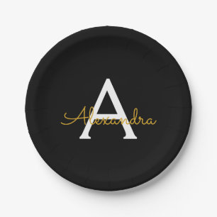 Assiettes En Carton Black Gold Girl Script Monogramme Nom Moderne