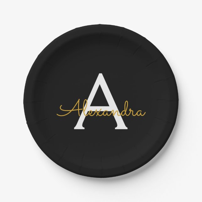 Assiettes En Carton Black Gold Girl Script Monogramme Nom Moderne (Devant)