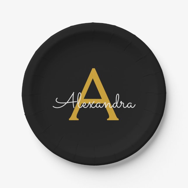 Assiettes En Carton Black Gold Girl Script Monogramme Nom Moderne (Devant)