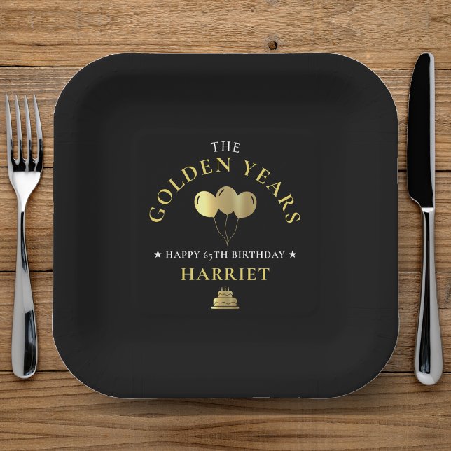 Assiettes En Carton Black & Gold Golden Years 65e anniversaire (Black & Gold Golden Years 65th Birthday Paper Plates)