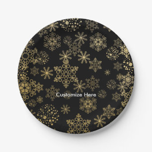 Assiettes En Carton Black & Gold Snowflakes Plaques de fête