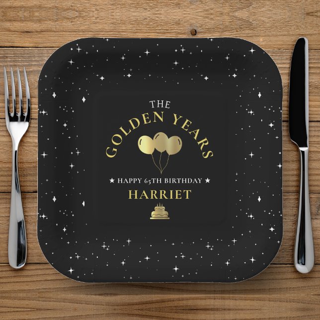 Assiettes En Carton Black & Gold Star Golden Years 65e anniversaire (Black & Gold Star Golden Years 65th Birthday Paper Plates)