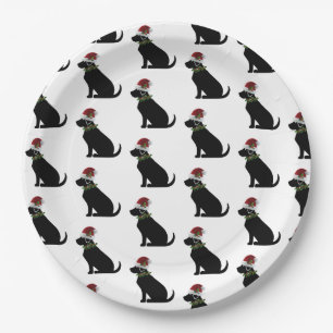 Assiettes En Carton Black Lab Chien Noël Santa Hat Holly Moderne