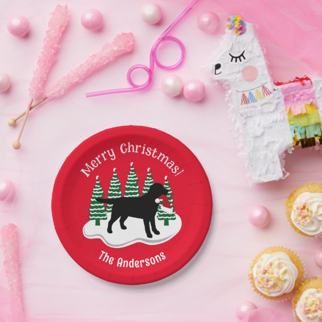 Assiettes En Carton Black Labrador Christmas À feuillage persistant (Fête)