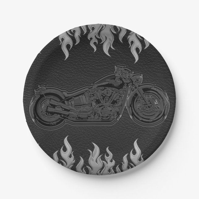 Assiettes En Carton Black Leather Silver Chrome Motorcycle Party (Devant)