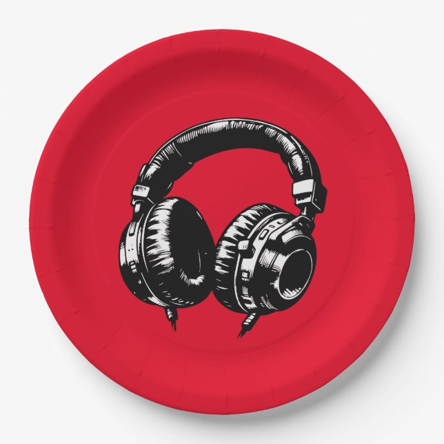 Assiettes En Carton Black Music Headphones Dance DJ Anniversaire (Devant)