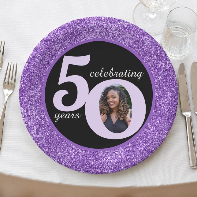 Assiettes En Carton Black Purple Parties scintillant 50 Cinquante ans  (Black Purple Glitter 50 Fifty Years 50th Birthday Paper Plates)