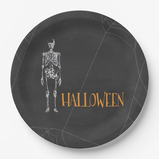 Assiettes En Carton Black Skeleton Spiderweb Halloween Party (Devant)