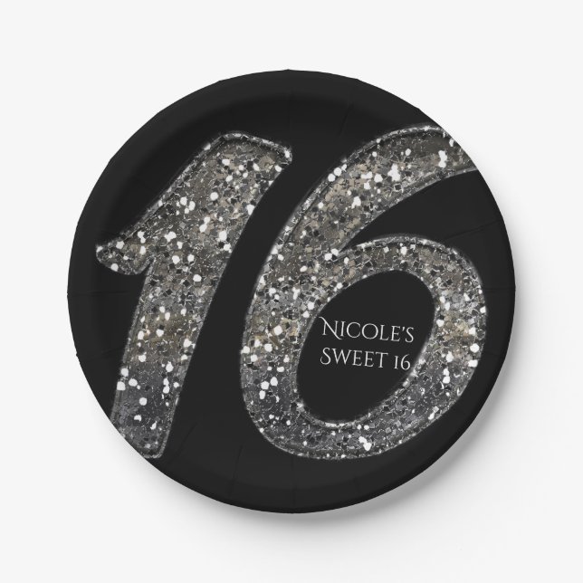 Assiettes En Carton Black Sweet 16 Silver Parties scintillant Glam fêt (Devant)