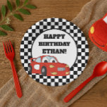 Assiettes En Carton Black White À damiers Red Race Car fête d'annivers<br><div class="desc">Voiture rouge sur à damiers noir et blanc personnalisé,  plaque de papier pour la fête d'anniversaire de l'enfant</div>