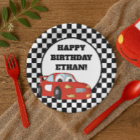 Black White À damiers Red Race Car fête d'annivers