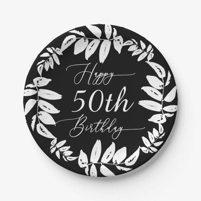 Assiettes En Carton Black & White Botanical Joyeux 50e anniversaire fê (Devant)