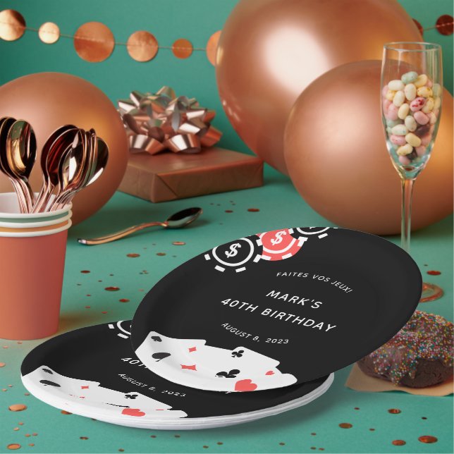 Assiettes En Carton Black White Casino à thème 40e anniversaire (Multi)