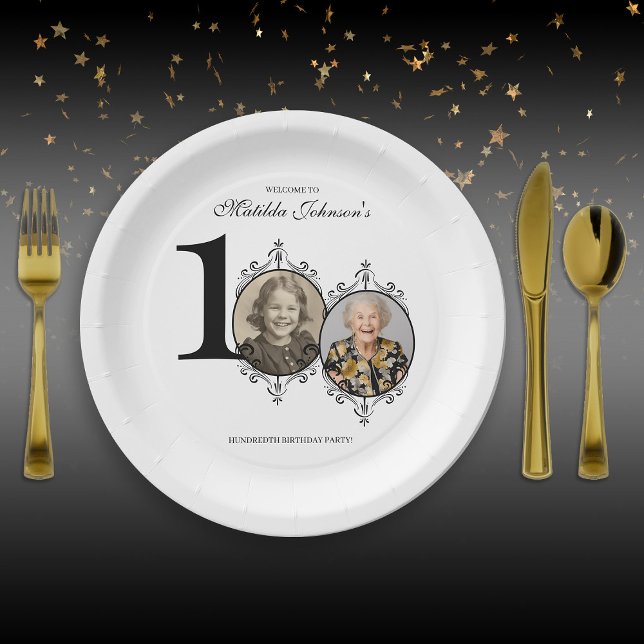 Assiettes En Carton Black White Elegant Photo 100th Birthday Party (Black White Elegant Photo 100th Birthday Party Paper Plates)