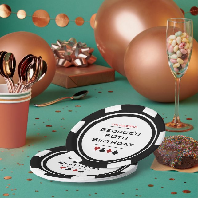 Assiettes En Carton Black White Poker Chip Las Vegas Casino Anniversai (Multi)