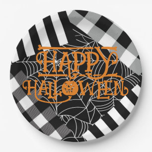 Assiettes En Carton Black & White Spiderweb Patchwork Halloween Party