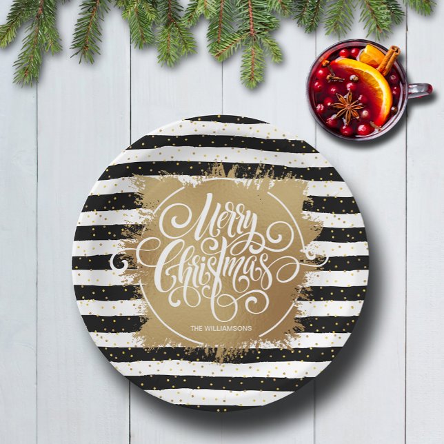 Assiettes En Carton Black White Stripes Gold Faux Foil Noël (Merry Christmas typography on faux gold foil on black and white stripes paper plates)