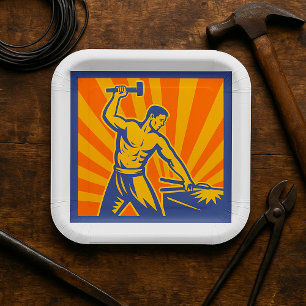 Assiettes En Carton Blacksmith Hammering Retro Strongman Labor