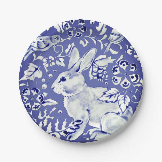 Assiettes En Carton Blanc bleu Chine Look Rabbit Bird Floral & Folid (Devant)